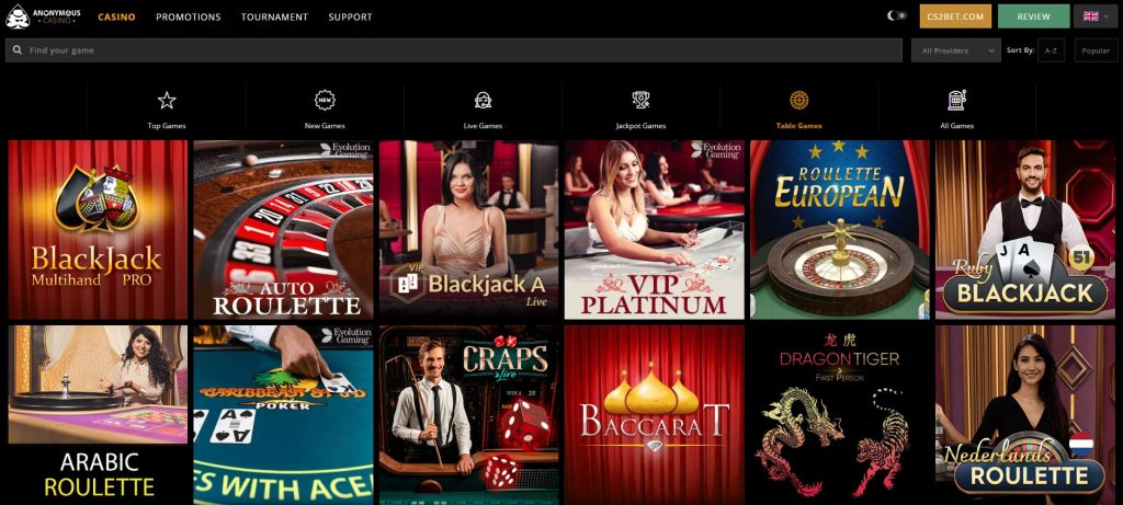 If you prefer table games, Anonymous Casino has you covered.