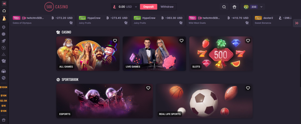 The 500Casino website is designed with an intuitive interface