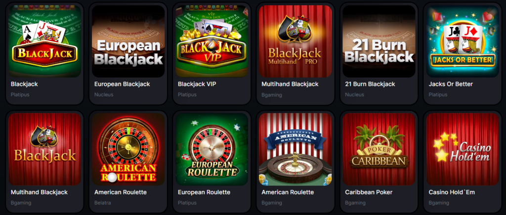 bitslot table games, including blackjack, roulette, baccarat, and poker variants like Texas Hold'em, Caribbean Stud, and Three Card Poker