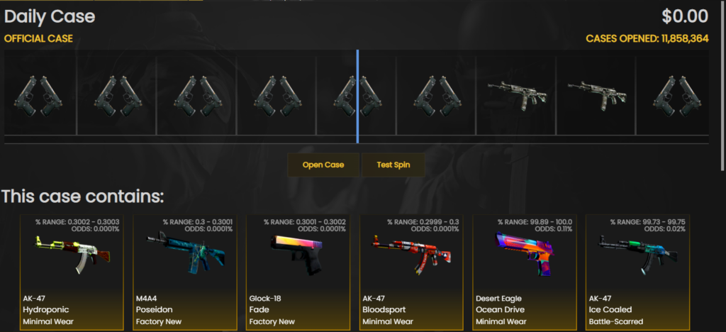 CSGOLive offers several promotions to its users, including daily free cases