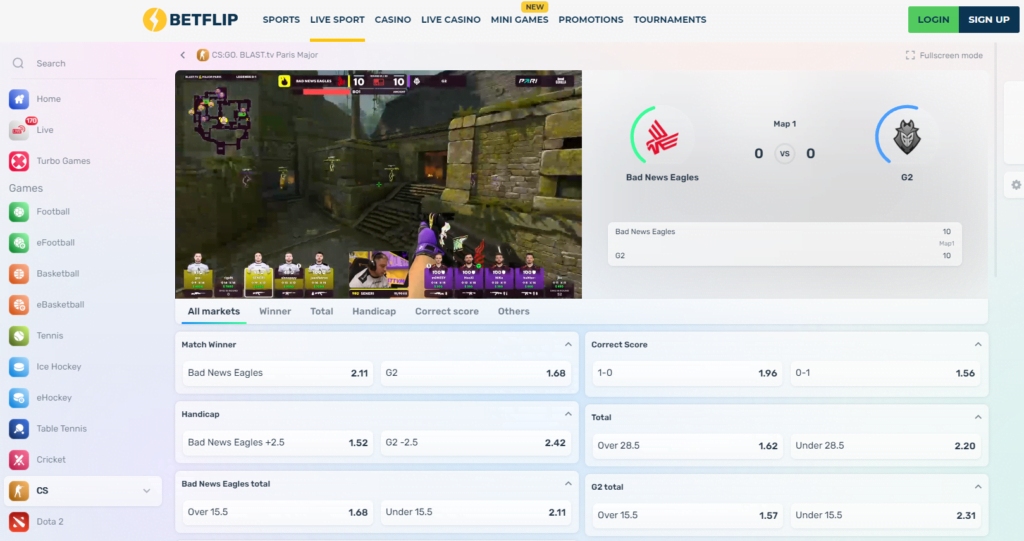 Betflip covers popular titles like League of Legends, Dota 2, and CS2