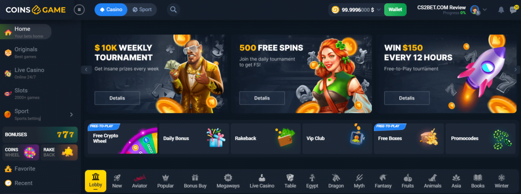 Coins Game Casino Homepage  - User Experience and Interface 